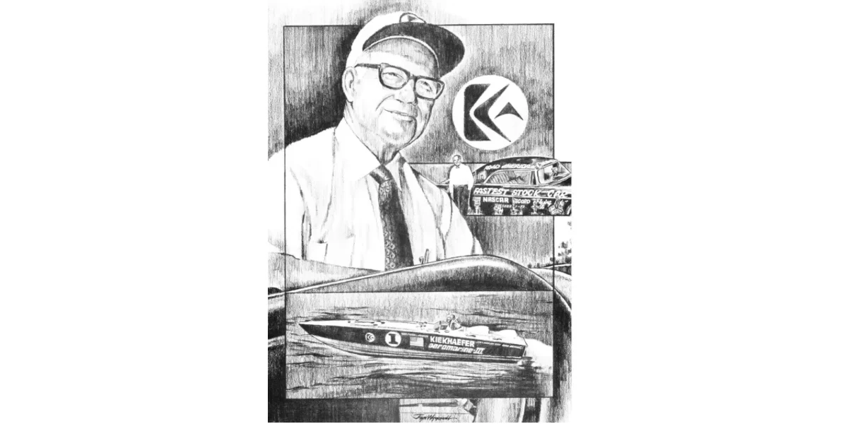 Illustrated portrait of Carl Kiekhaefer with Mercury Aeromarine boat and NASCAR record card