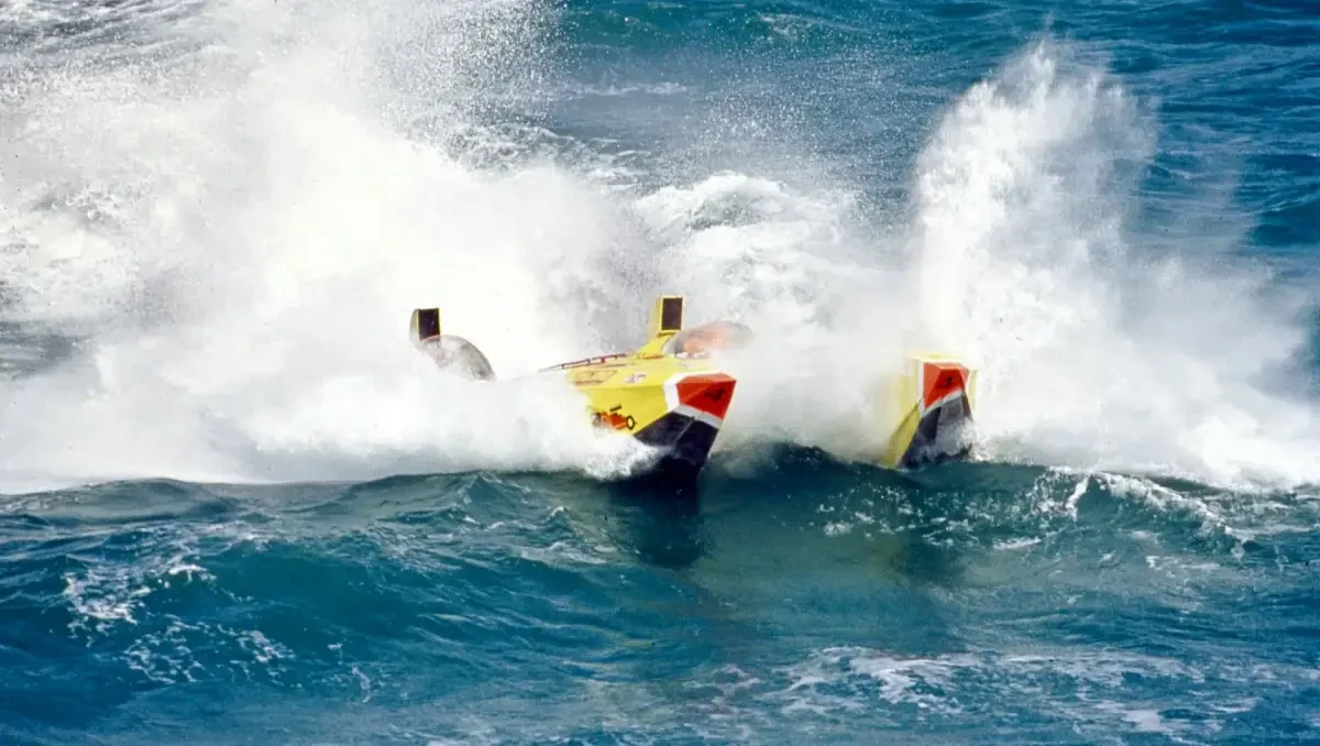 Aerial view of a single-seat speed record boat on a sandbank