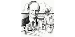 Illustrated portrait of Charles D. Strang alongside Johnson outboard imagery