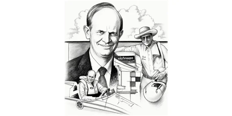 Illustrated portrait of Charles D. Strang alongside Johnson outboard imagery