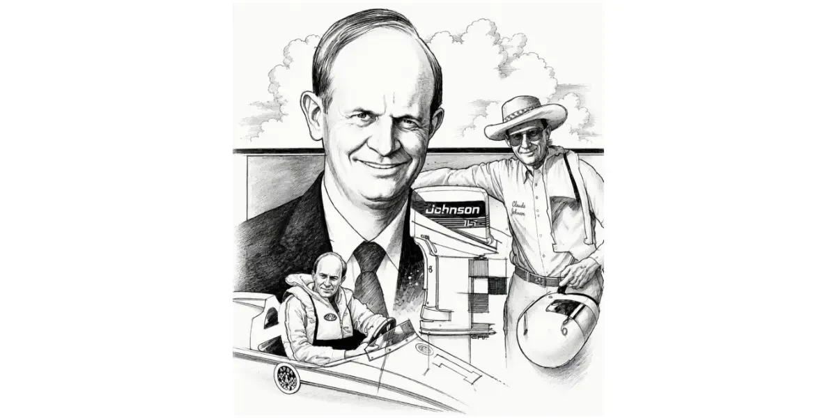 Illustrated portrait of Charles D. Strang alongside Johnson outboard imagery