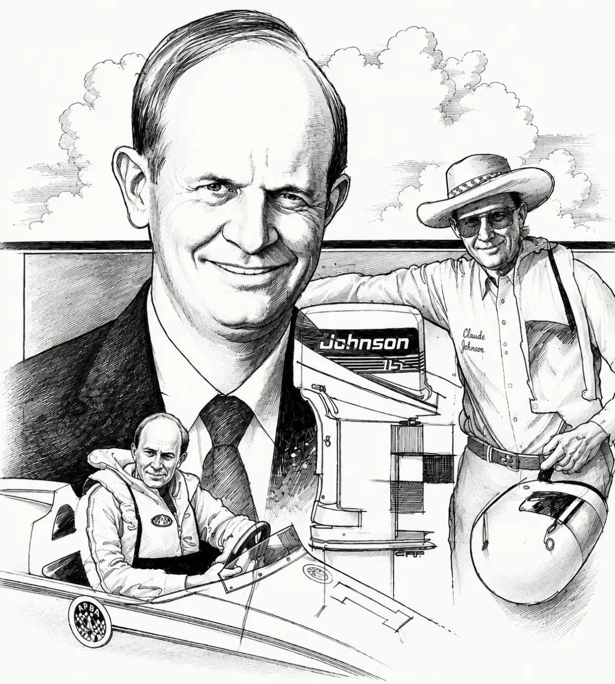 Illustrated portrait of Charles Strang alongside a Johnson outboard and racing imagery