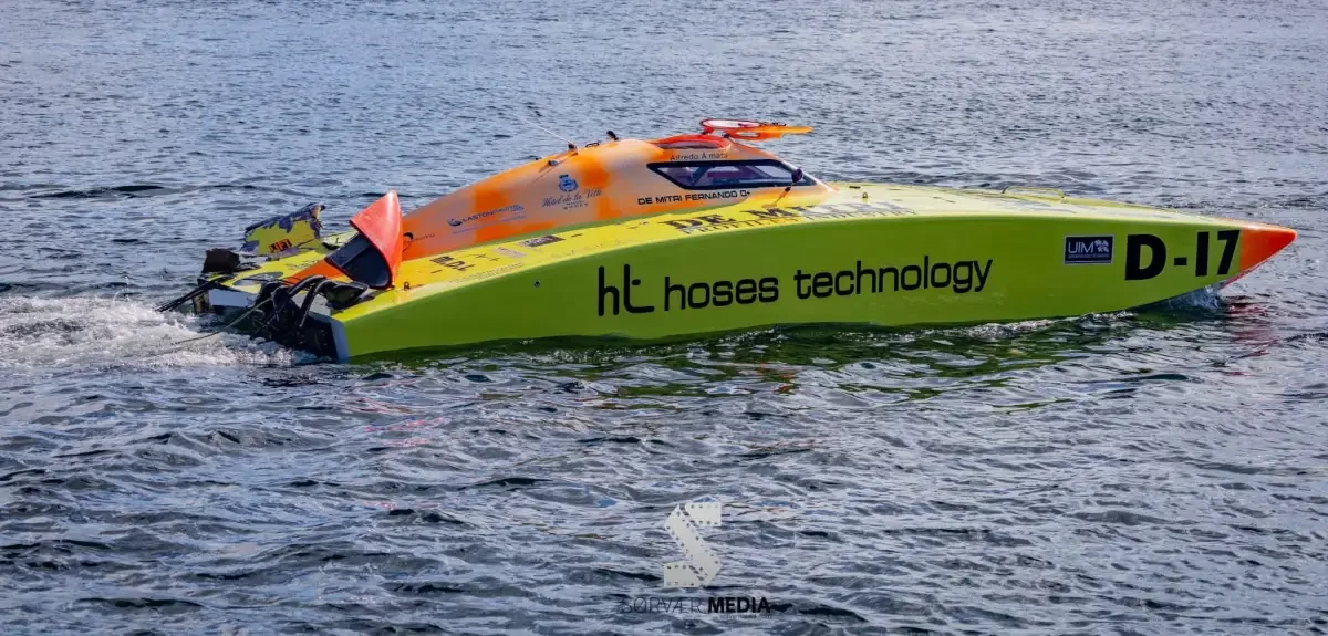D17 Hoses Technology, Roberto Lopiano and Amato Alfredo, damaged after collision, Class 3D Race 2, Arendal 2026