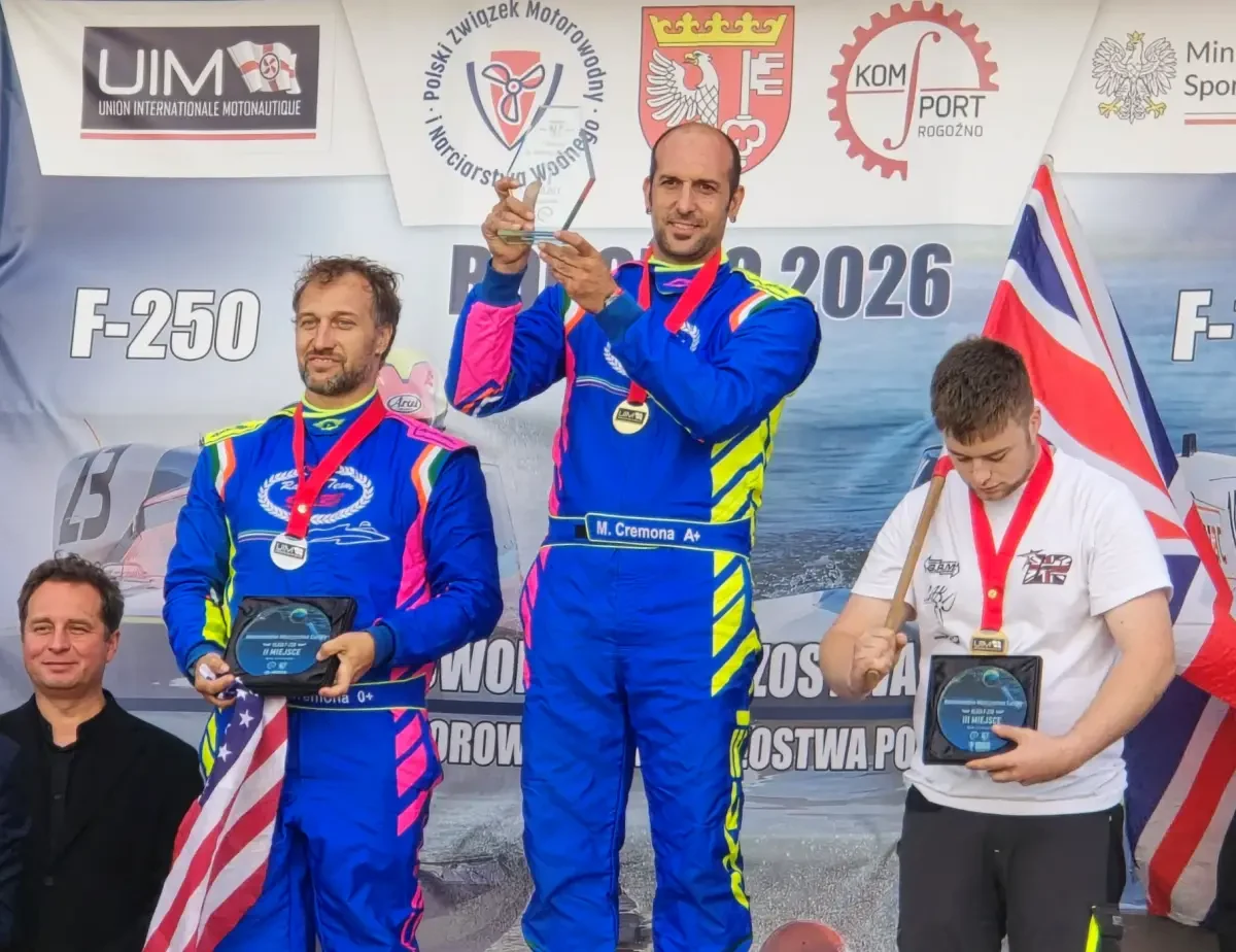 Massimiliano Cremona, Alessandro Cremona and Thomas Mantripp on the F-250 podium at Rogozno 2026