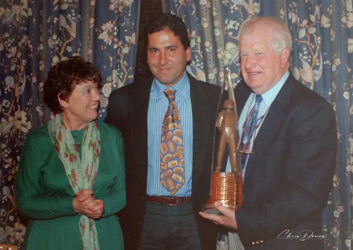 Guido Cappellini presents David Parkinson with the original FONDA World Championship trophy, alongside Muriel Parkinson