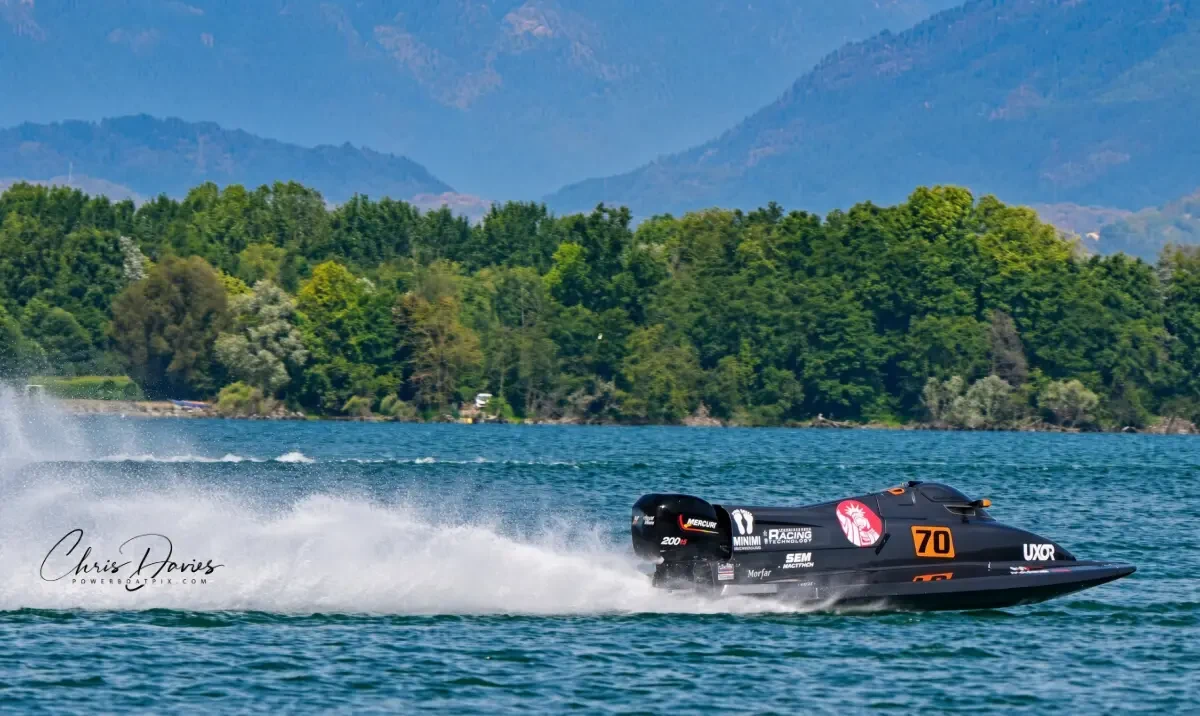 Hilmer Wiberg's F2 boat number 70 on Lake Viverone during the 2026 UIM F2 European Championship