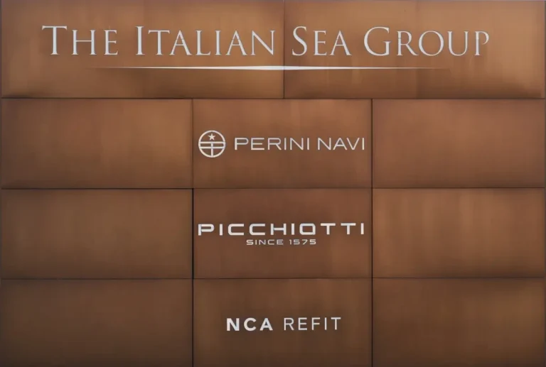 The Italian Sea Group signage listing Perini Navi, Picchiotti and NCA Refit brands