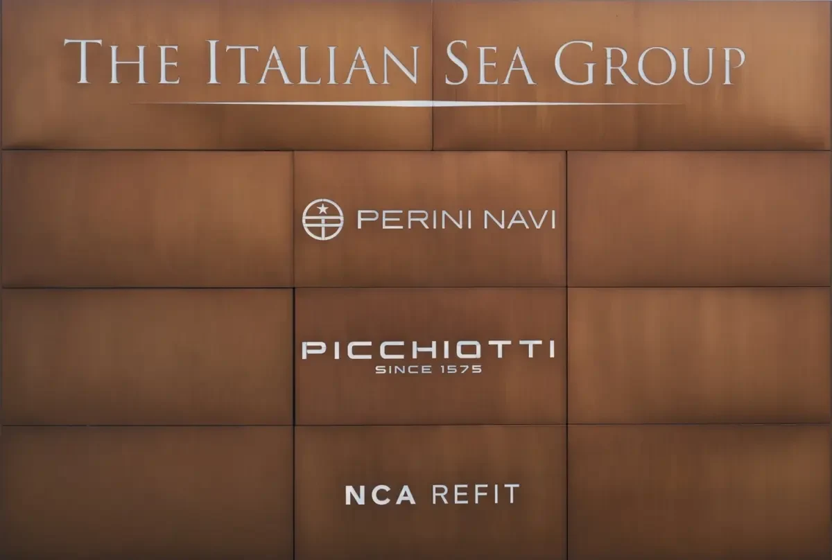 The Italian Sea Group signage listing Perini Navi, Picchiotti and NCA Refit brands