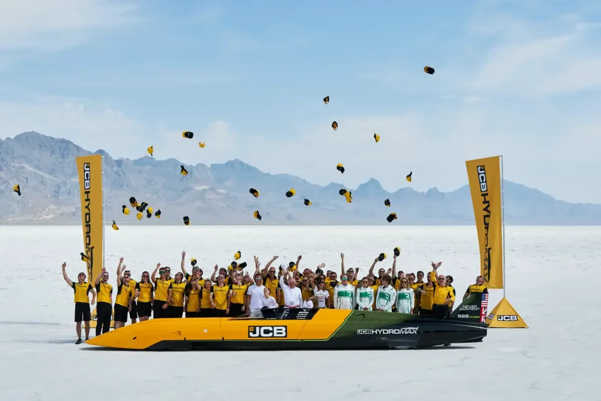 JCB Hydromax hydrogen powered streamliner on the Bonneville Salt Flats after setting the FIA World Land Speed Record