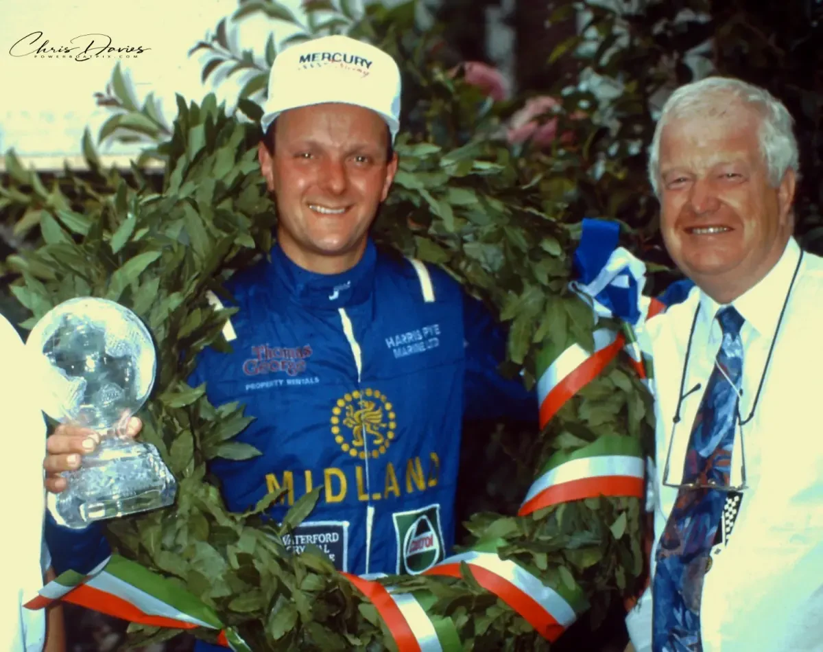 David Parkinson on the podium with race winner Jon Jones by Lake Como in 1993