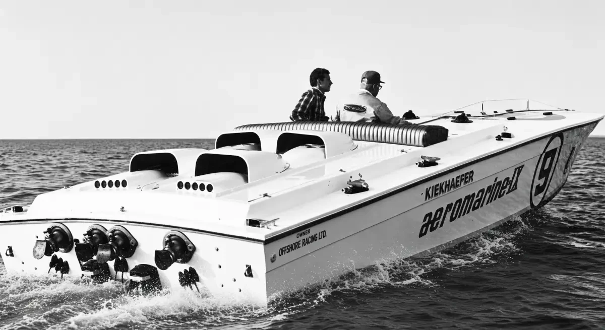 Kiekhaefer Aeromarine IX offshore raceboat underway with two men aboard