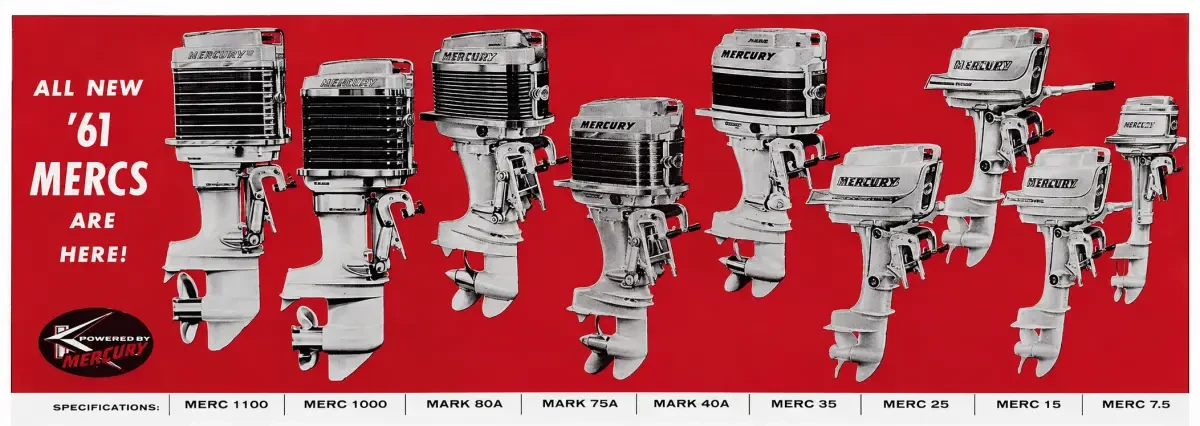 1961 Mercury outboard motor lineup advertisement showing the full model range
