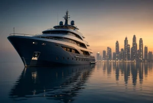 Superyacht at anchor with a Gulf city skyline at dusk in the background