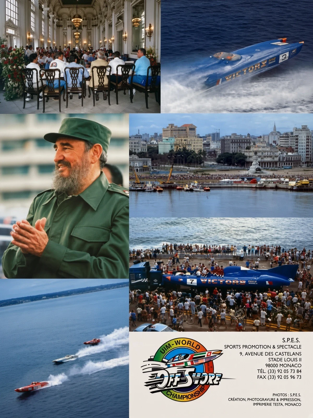 Post-race souvenir page from the 1995 Montecristo Cup showing Fidel Castro, Victory Team in action, and crowds on the Malecon