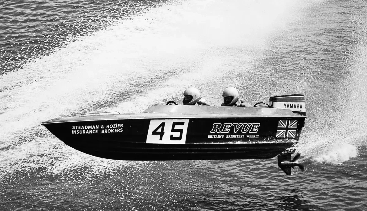 Revue, a Yamaha-powered Class 3B offshore raceboat, airborne at UKOBA Great Yarmouth, 1982