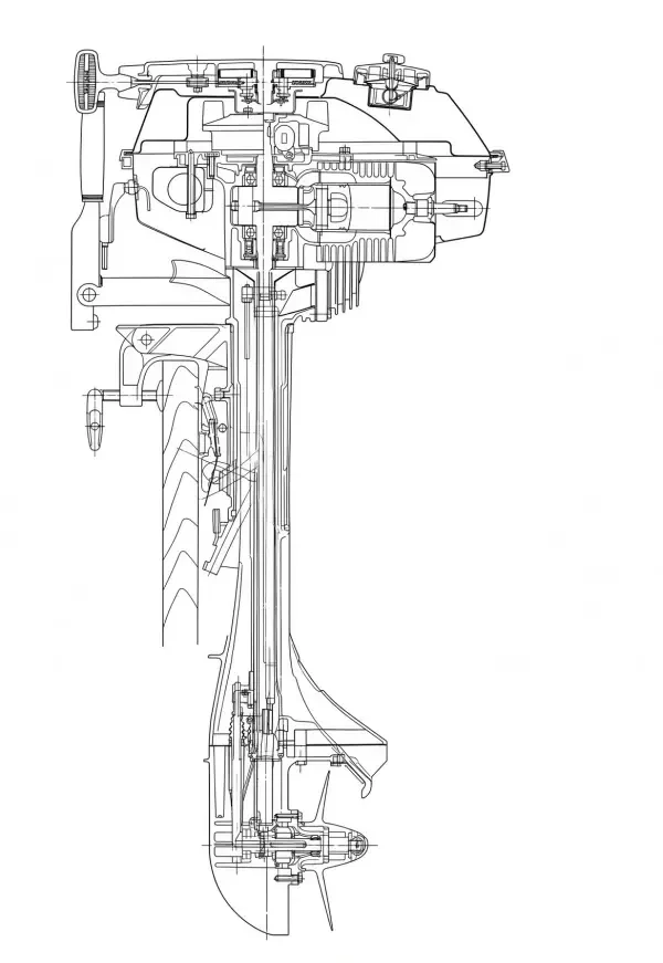 A technical cutaway diagram of an outboard motor's internal architecture