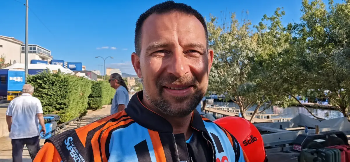 Nelson Morin smiling at the Peso da Régua UIM F2 World Championship round, September 2026