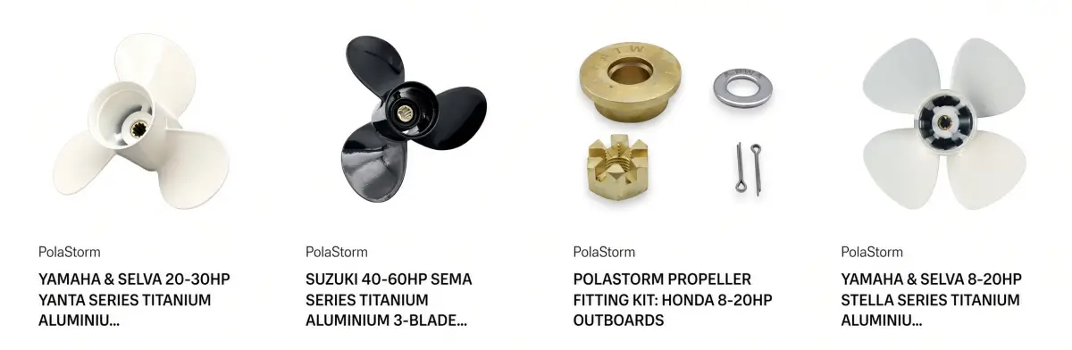 Polastorm product lineup — titanium aluminium and stainless outboard propellers with fitting kits