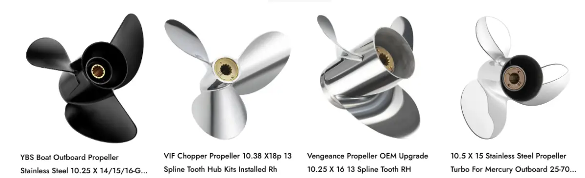 VIF Propeller product lineup — YBS, Chopper, Vengeance and stainless steel outboard propeller listings