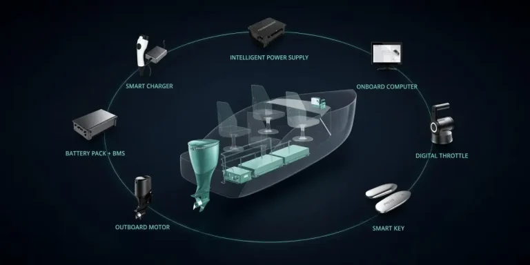 Diagram of ACEL Power's integrated electric propulsion system showing outboard motor, battery pack, smart charger, onboard computer, digital throttle and smart key