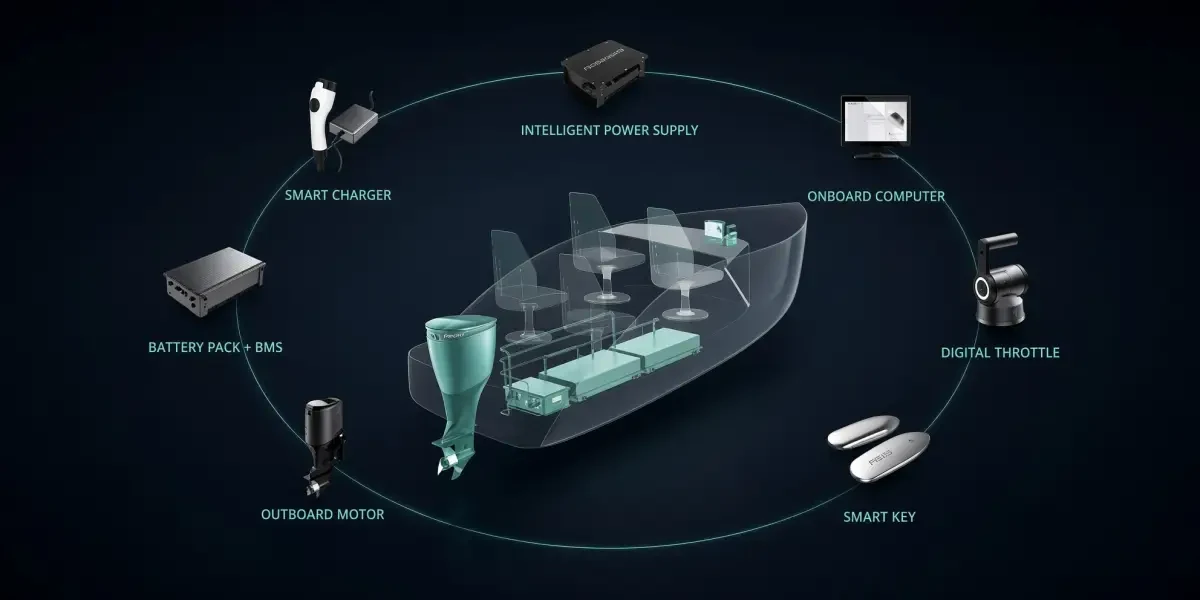 Diagram of ACEL Power's integrated electric propulsion system showing outboard motor, battery pack, smart charger, onboard computer, digital throttle and smart key