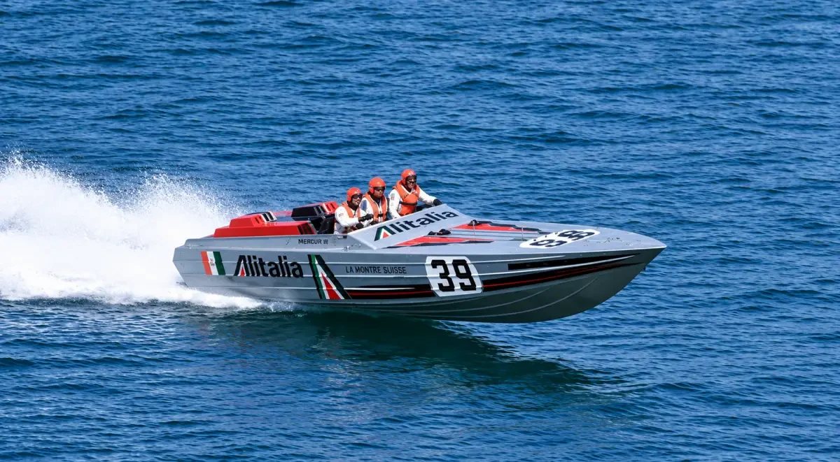 Alitalia-liveried Class 1 offshore powerboat, number 39, a mid-1970s Don Shead-designed aluminium hull raced under the Picchiotti name
