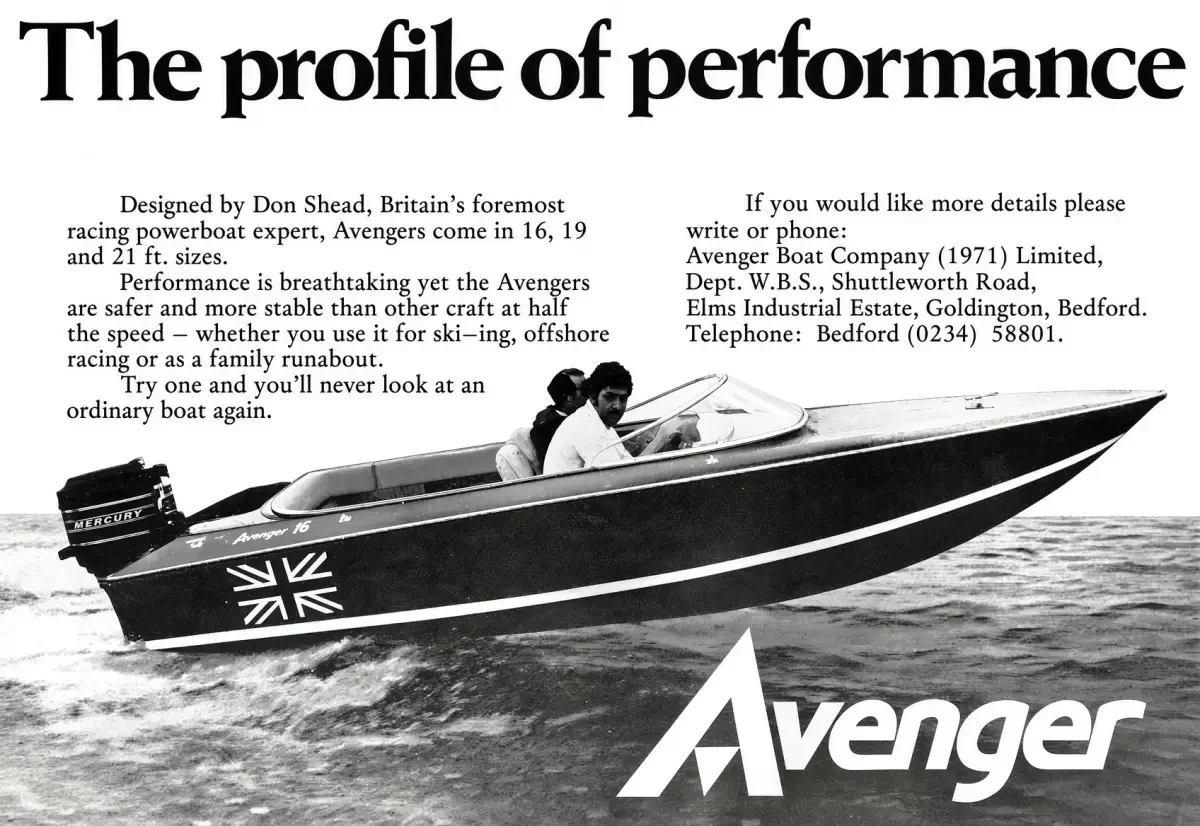 Avenger Boat Company advertisement, The profile of performance, featuring the Avenger 16