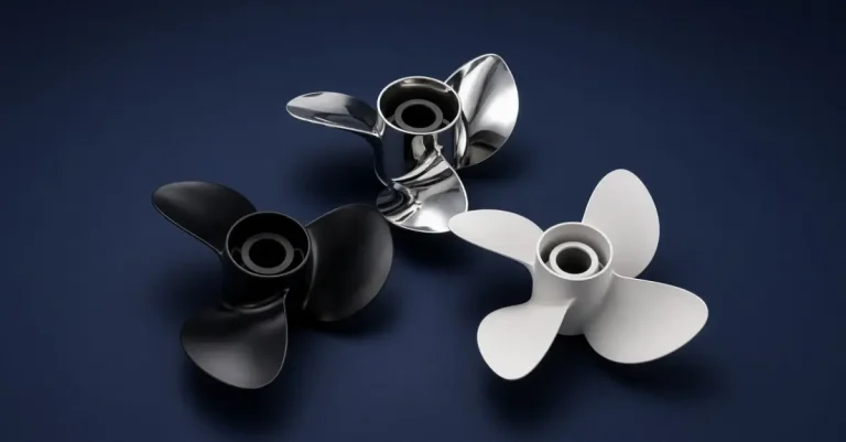 Three different outboard propellers, black, chrome stainless and matte white, representing Chinese aftermarket propeller manufacturers