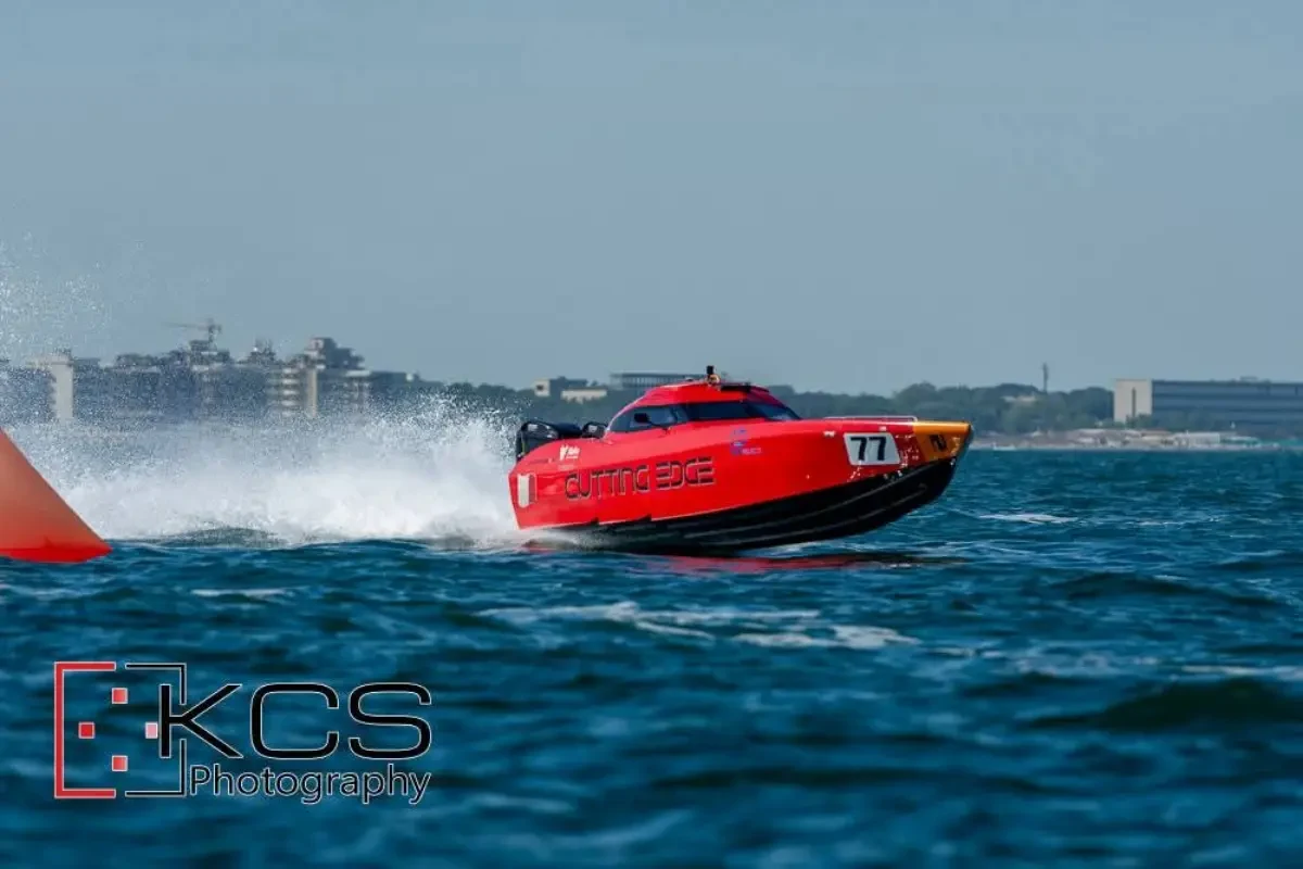 Cutting Edge boat 77, driven by Stephen Bezzina, at speed off Cervia