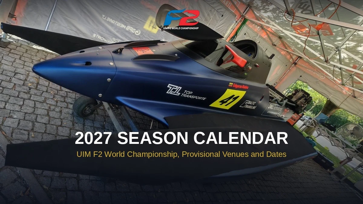 Edgaras Riabko's UIM F2 boat with 2027 Season Calendar text overlay
