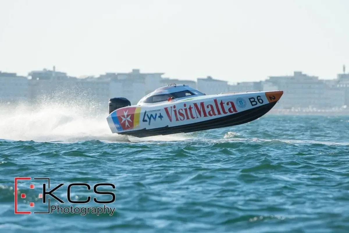 Interceptor boat B6, driven by Kurt Mifsud, at speed off Cervia