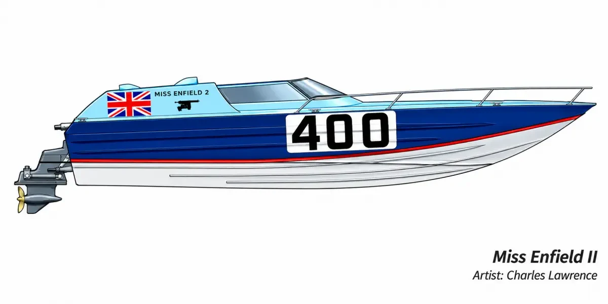 Illustration of Miss Enfield II, Don Shead's aluminium Class 1 offshore racer, race number 400