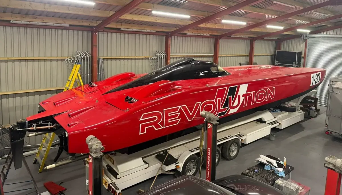 Revolution Offshore Racing's Victory Performance 50 catamaran in the workshop