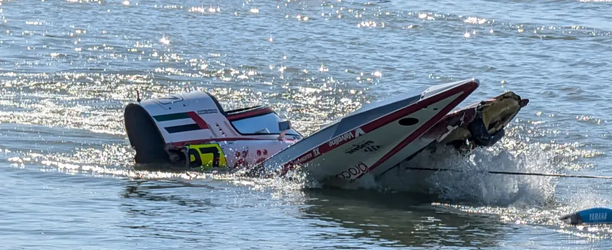 The Sharjah Team boat after the San Nazzaro accident, safety capsule visible