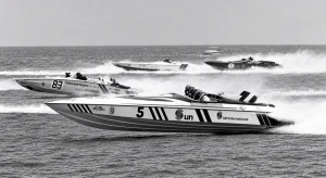 Powerboat number 5, Sun International, racing offshore in 1984 with boats 83 Tidewater Marine and 7 close behind