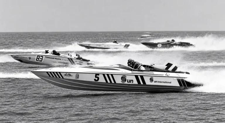 Powerboat number 5, Sun International, racing offshore in 1984 with boats 83 Tidewater Marine and 7 close behind
