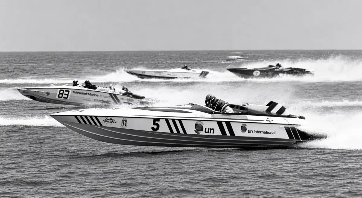 Powerboat number 5, Sun International, racing offshore in 1984 with boats 83 Tidewater Marine and 7 close behind