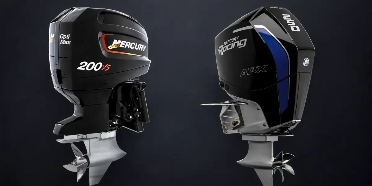 Mercury Racing OptiMax 200XS SST and Mercury Racing 250 APX outboard engines side by side