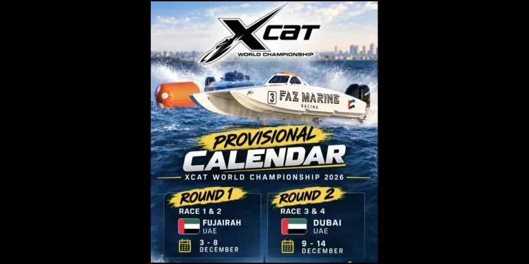 XCAT World Championship 2026 provisional calendar graphic showing Round 1 Fujairah 3-8 December and Round 2 Dubai 9-14 December
