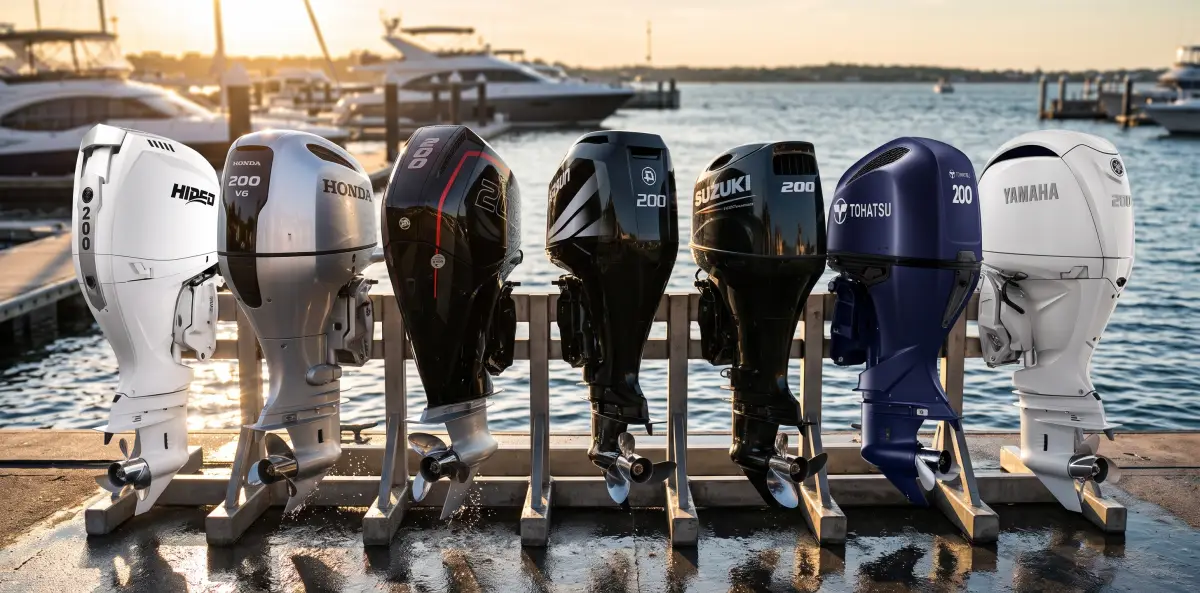 Seven 200hp outboards from Hidea, Honda, Mercury Racing, Parsun, Suzuki, Tohatsu and Yamaha lined up on a marina dock