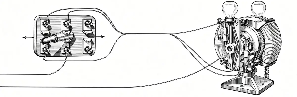 Line illustration of Gustave Trouvé's electric motor wired to a switch block