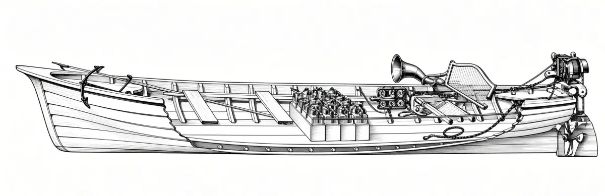 Cutaway line illustration of Trouvé's electric boat, with batteries amidships and the motor on the rudder at the stern