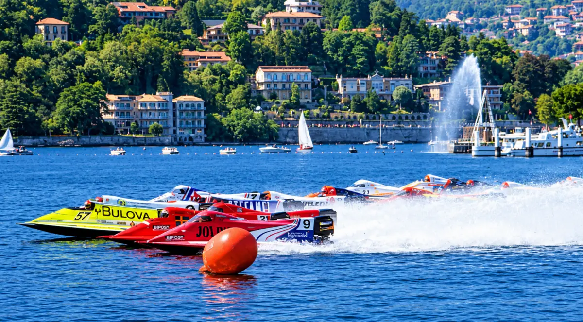 Formula 1 powerboats racing past a turn buoy on Lake Como, with villas and the Como waterfront fountain behind