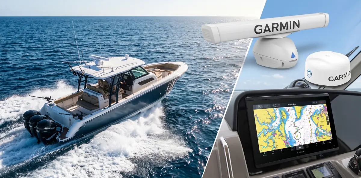 A Garmin-equipped sportfishing boat under way, alongside a Garmin open-array radar, radar dome and helm chartplotter display