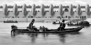 Engraving-style illustration of two men in top hats in Gustave Trouvé's electric boat on the Seine in Paris, with spectators on the quay