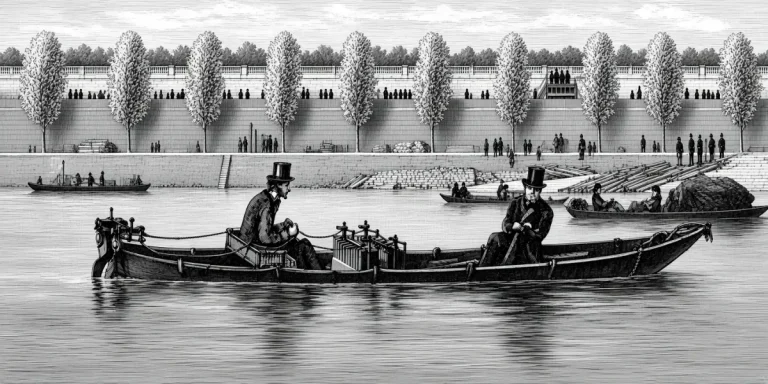Engraving-style illustration of two men in top hats in Gustave Trouvé's electric boat on the Seine in Paris, with spectators on the quay