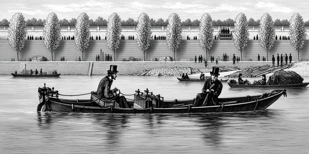 Engraving-style illustration of two men in top hats in Gustave Trouvé's electric boat on the Seine in Paris, with spectators on the quay