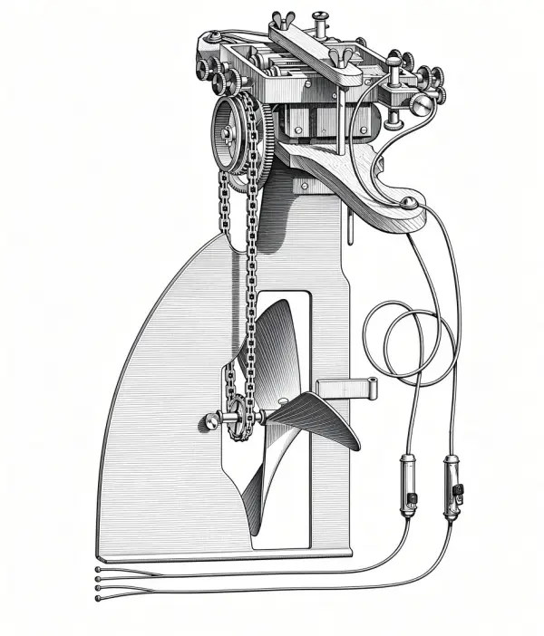Line illustration of Trouvé's motor mounted on top of a rudder, with a chain running down to the propeller