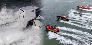 An OXE 300 diesel outboard running at speed, alongside an aerial view of four OXE-powered workboats and RIBs under way in formation