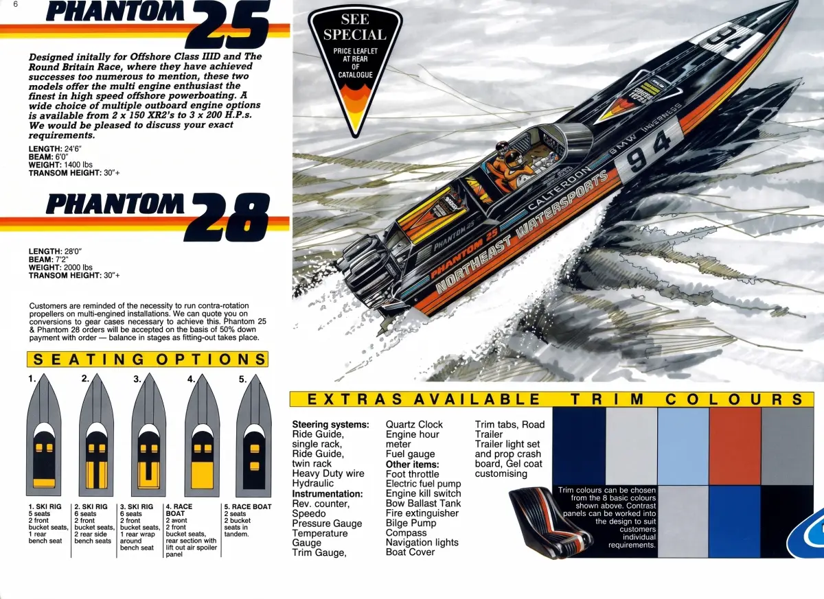 Phantom sales catalogue page showing the Phantom 25 and Phantom 28 with specifications and seating options